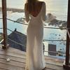 Sexy Women Long Knit Beach Dress Hollow-Out Deep V-Neck Long Sleeve Bikini Cover-Ups Dress Fall Backless Holiday Dress