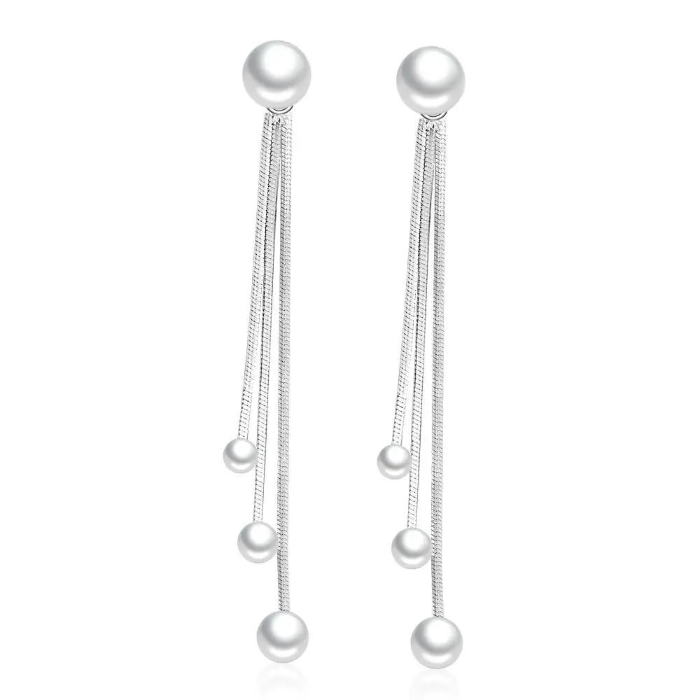 Simple Fashion S Stamp Silver Plated Pearl Long Tassel Earrings For Women Ear Chian Oorbellen Boucle D'oreille Pendientes