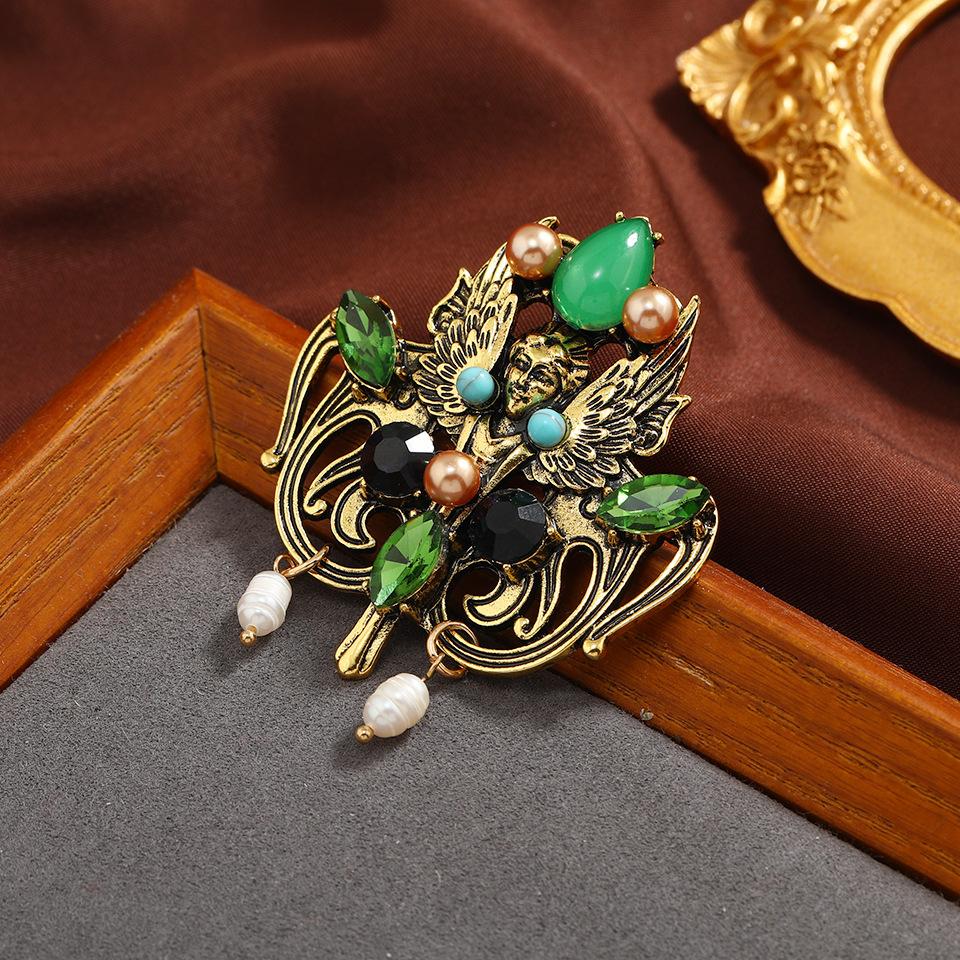 Vintage Baroque Hollow Jade Pearl Brooch Classic Vintage Women'S Clothing Blazer Accessories