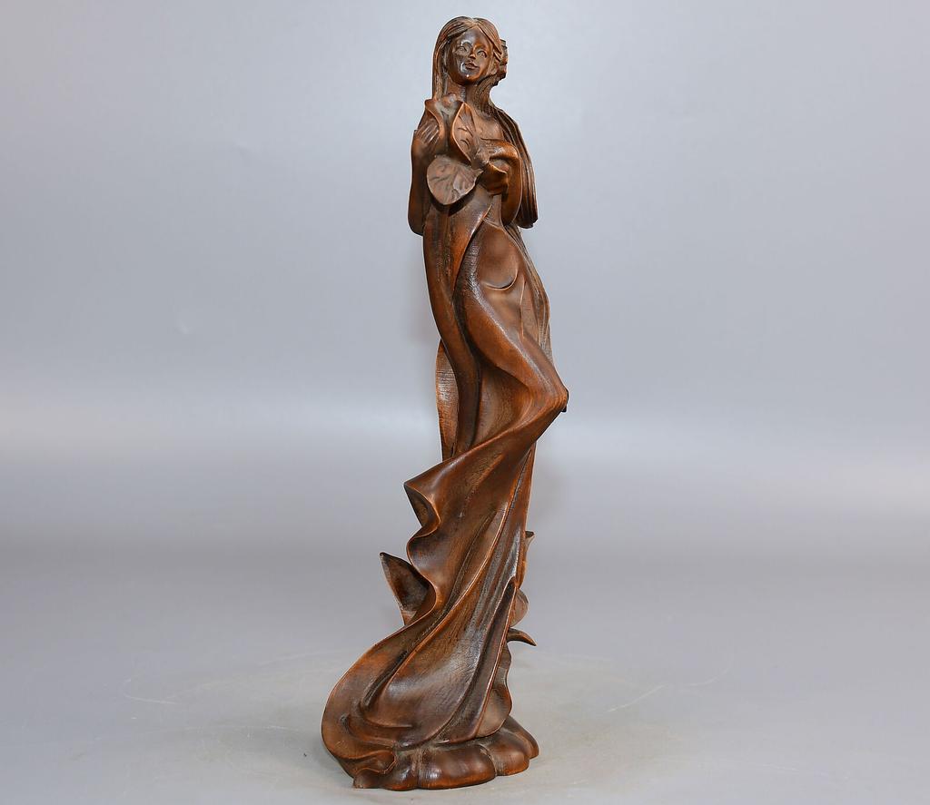 Chinese Antique Boxwood Carved Beautiful Woman Statue Sexy Sculpture Home Decor