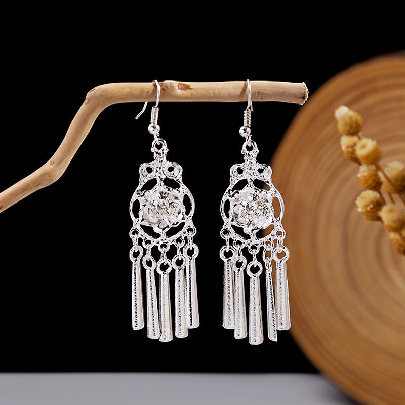 Imitation Miao Silver Ethnic Long Leaf Tassel Dangle Earrings