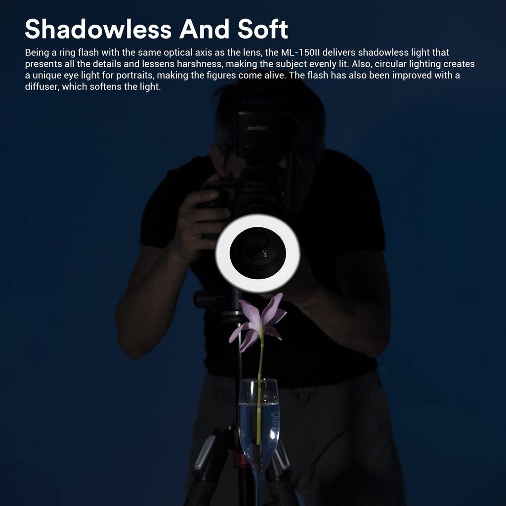 Godox Makro-Ringblitz Recycle 5800K Speedlite mit 8 Objektivadaptern Kompatibel mit und Panasonic ML-150II Blitz, Leitzahl 12, 0,1-2s Zeit, Ringe, Nikon, Sony,