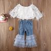 Kleinkind Baby Kind Mädchen Kleidung Spitzen Tops + Rüschen Loch Denim Hosen Outfits Set