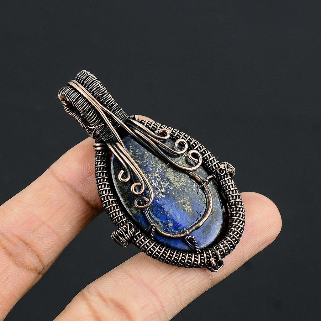 Lapislazuli Anhänger Handgefertigter Edelsteinschmuck, 999 Kupferdraht gewickelter Anhänger, Schmuckanhänger mit einzigartigem Design