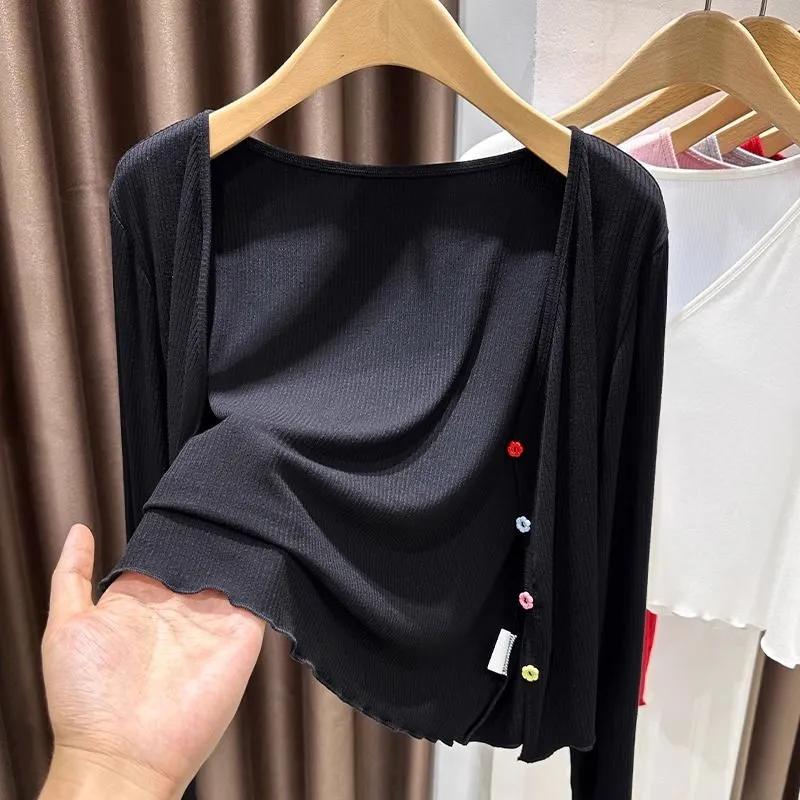 Damen Hellgrau Gerippt Gestrickt Cropped Cardigan Bunter Knopf Offene Vorderseite Lässiger Bolero