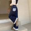 Damen Übergröße Hohe Taille Patchwork Schmetterling Bestickt Weites Bein Jeans