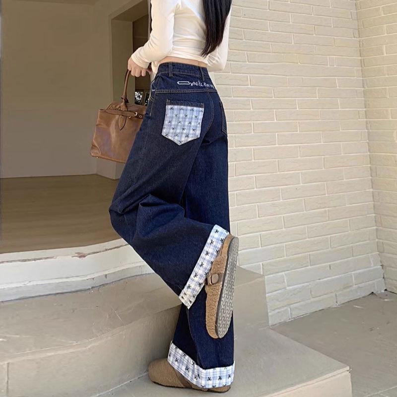 Damen Übergröße Hohe Taille Patchwork Schmetterling Bestickt Weites Bein Jeans
