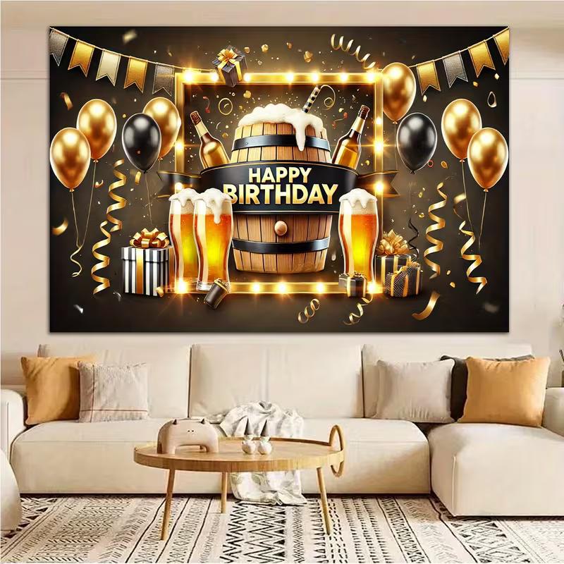 2D Flat Beer Barrel Birthday Banner Black & Gold Themed Backdrop for Men's Beer Celebration Party
