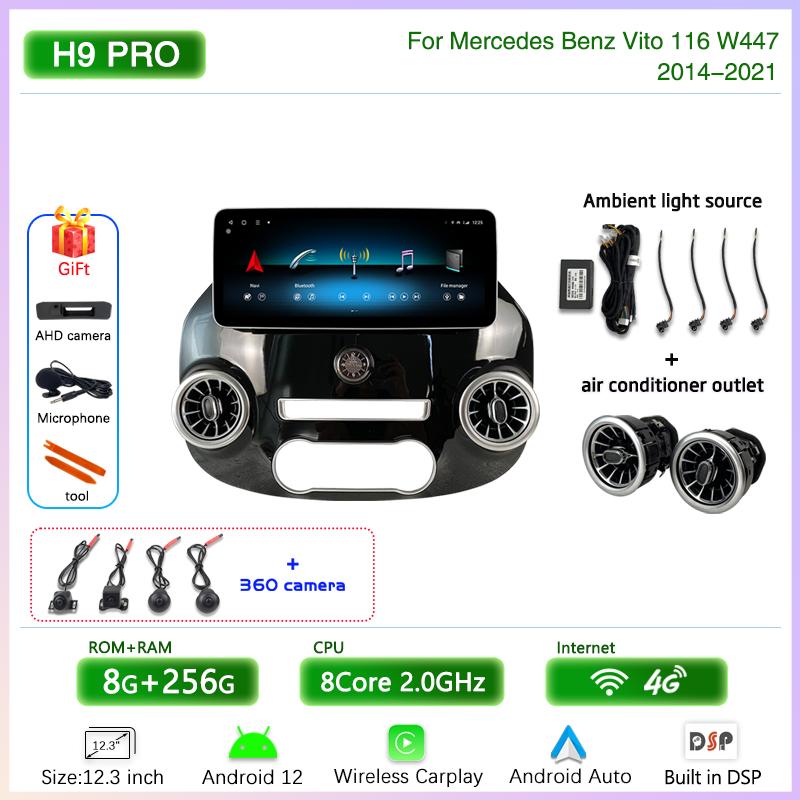 12.3" Android 12 Car Multimedia Video Player For Mercedes Benz Vito 116 W447 2014-2025 GPS Navigation8core CarPlay 4G 360Camera