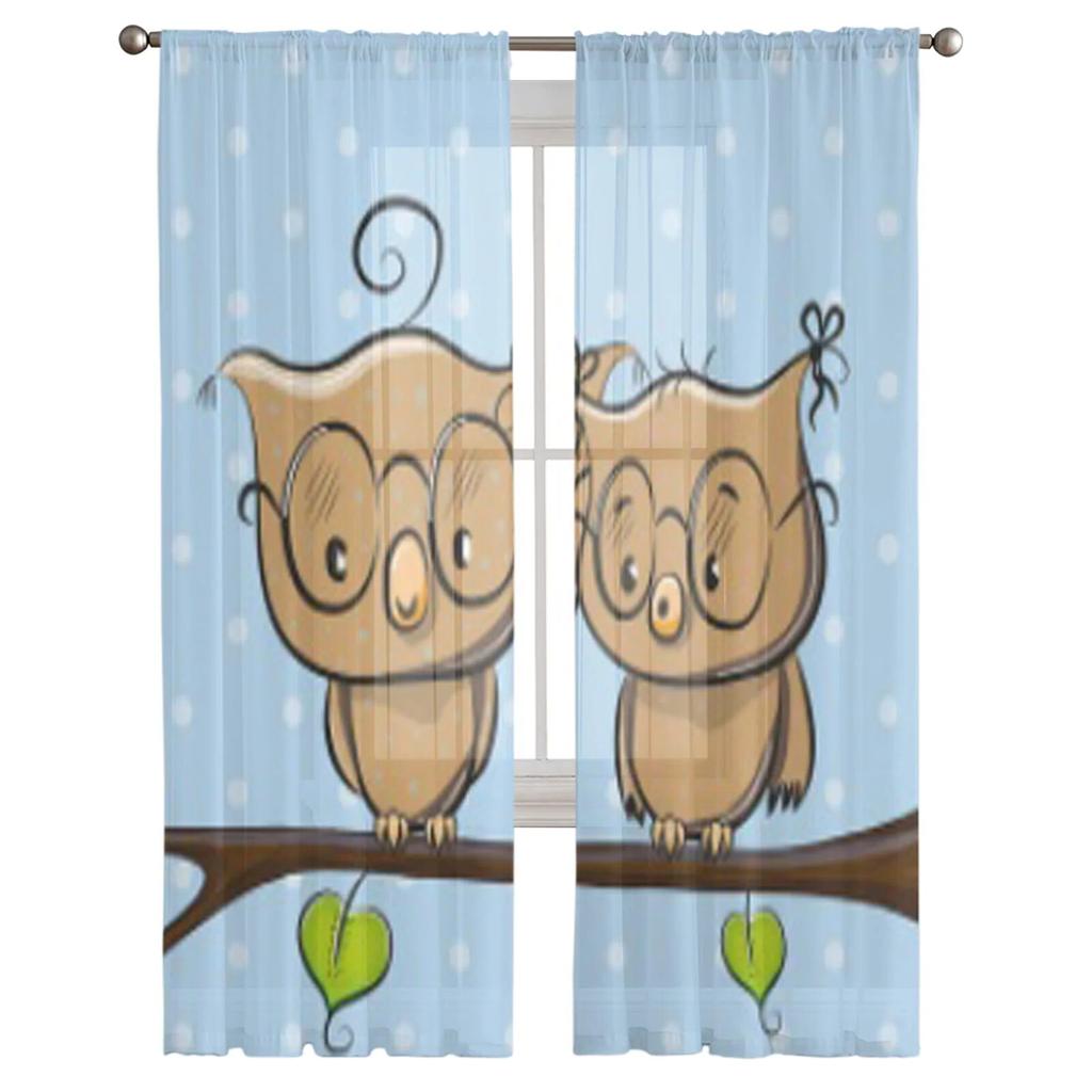 Owl On Branch Tulle Curtains For Living Room Bedroom Window Sheer Curtains Kitchen Balcony Voile Curtains