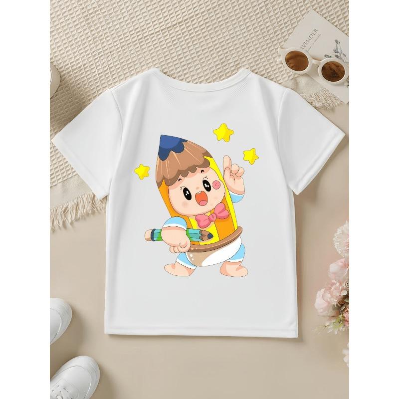 European sizes Back-to-School Season Boys' Short-Sleeve T-Shirt for Spring, Summer, and Fall - Cute Creative Cartoon Pencil Print