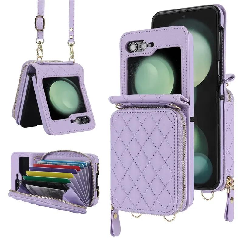 Crossbody Lanyard Leather Zipper Wallet Card Phone Case for Samsung Galaxy Z Flip 7 6 5 4 3 Flip6 Flip5 Flip4 Wrist Rope Cover