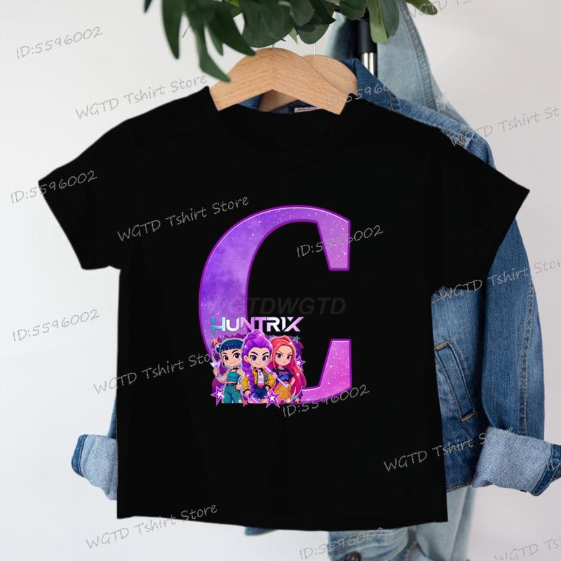 Clothes Child Girl KPop Demon Hunters Letters T-shirt for Children Cartoon Girls Boys Cotton Tee A-Z 26 Alphabet Kids Clothes