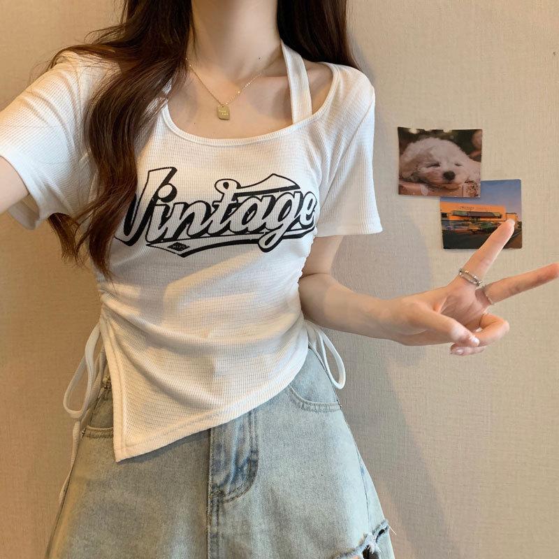 

Plus Size Halter Neck Straight Shoulder Short Sleeve T-shirt for Women - Summer Style, Niche Design, Pure Desire, Slim Fit Top XL [105-120 jin] світло-сірий колір