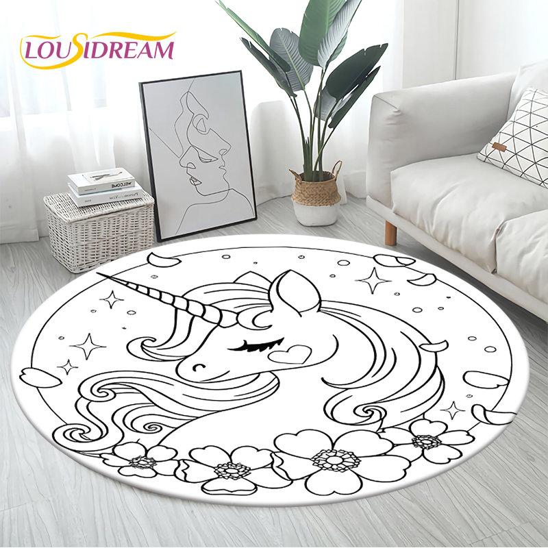 3D Cartoon Cute Unicorn Area Rug Large,Round Carpet Rug for Living Room Bedroom Sofa Decoration,Children Play Non-slip Floor Mat