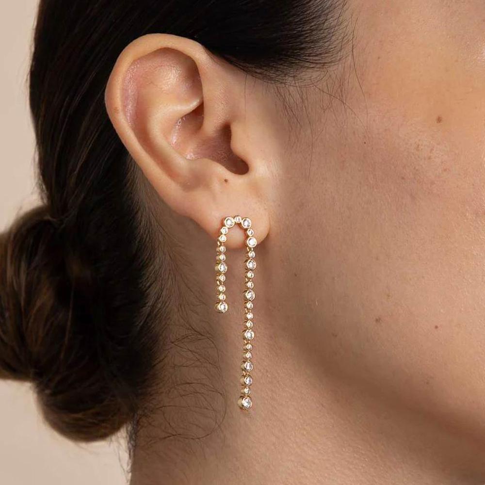 In Stock Double Mini Round Link Round Chain Pave Bling CZ Zircon Tassel Jewelry for Women Gold Silver Plated Dangle Stud Earring