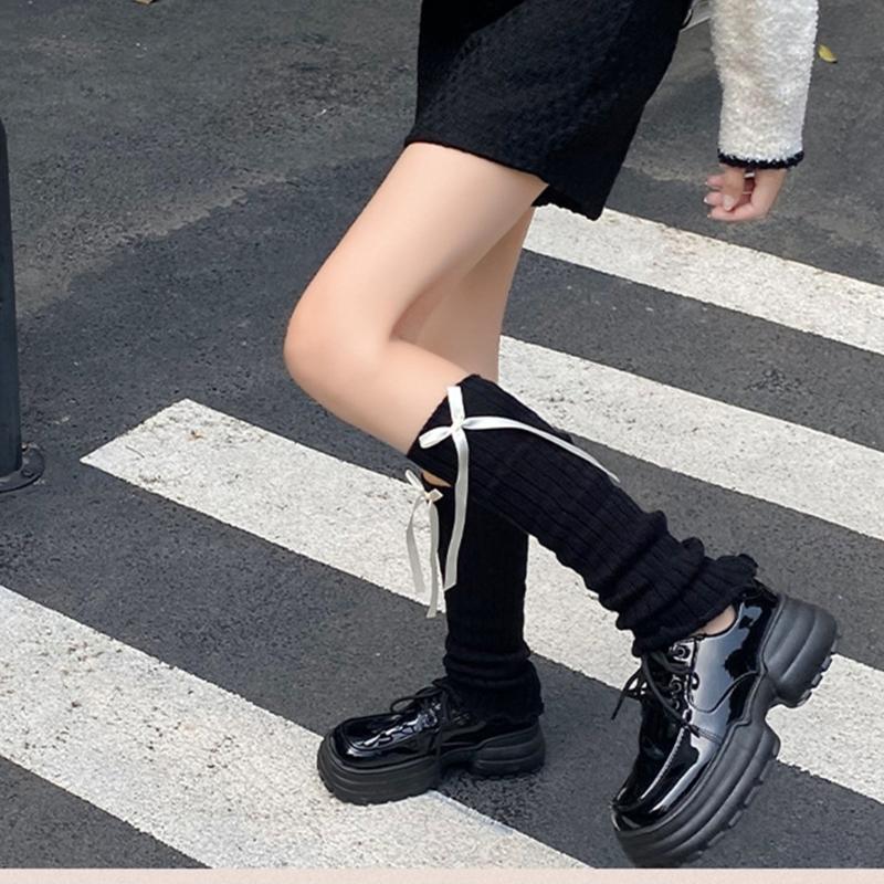 Women Sweet Bowknot Arm Leg Sleeves Ruffled Trim Sun Protective Ribbed Knit Arm Leg Covers Fingerless Gloves Accessories