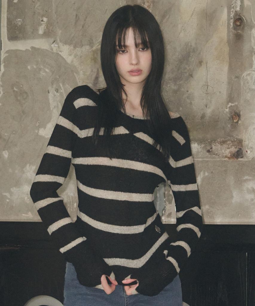 Ledeoli Symbol V-Neck Striped Knit [Oat Grey]