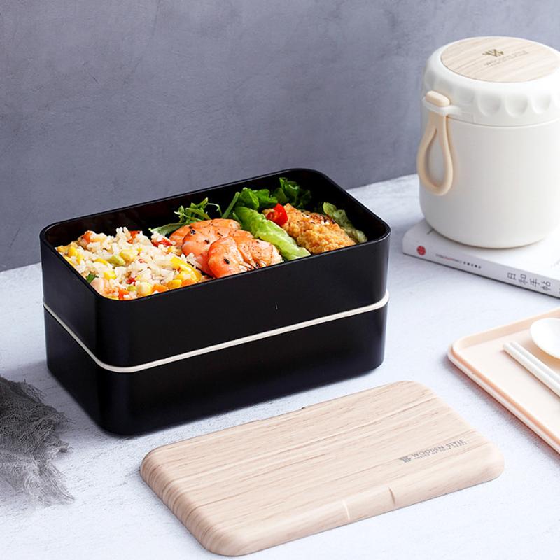 Doppelschichtige Lunchbox für die Mikrowelle, Bento-Box im Holzstil, tragbare Behälterbox, BPA-frei, Bento-Lunchbox, Lunchbox, Bento-Lebensmittelbox