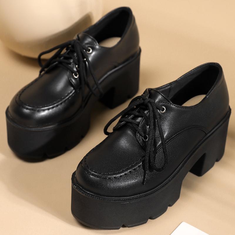 Fashion Punk High Heels Loafer Shoes Platform Elegant Round Toe Women's Pumps Lace Up Black Heeled Shoes Ladies Designer