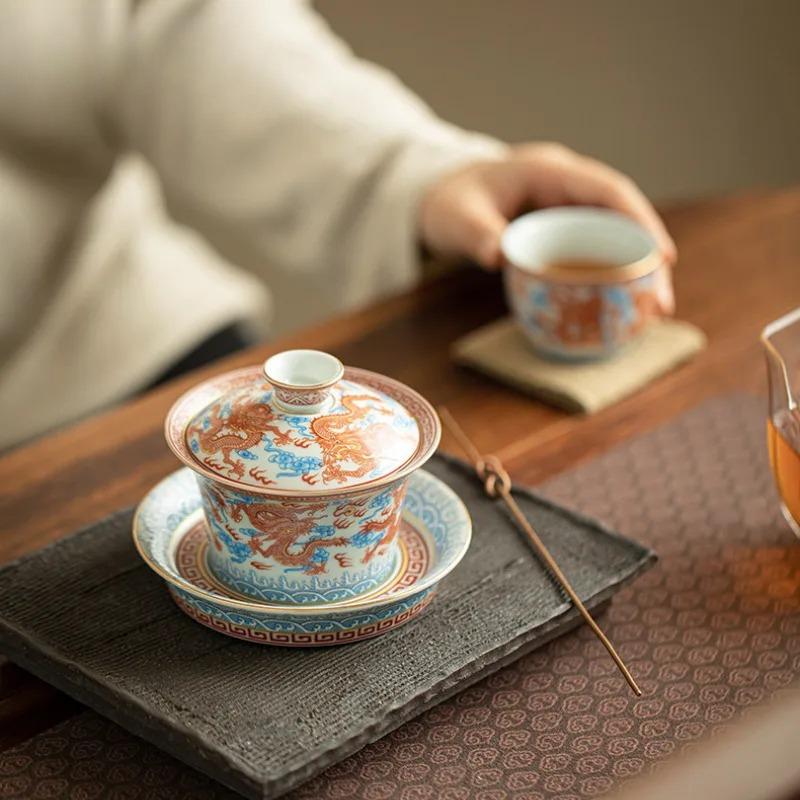 Handmade Jingdezhen Horseshoe Cover Bowl Alum Red Blue And White Teacup Chinese Dragon Tea Tureen Brewing Gaiwan Kung Fu Teaware