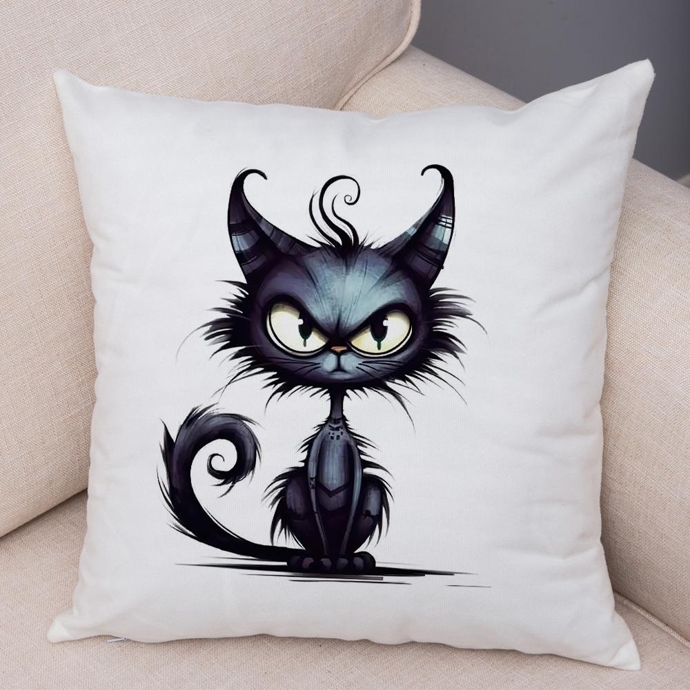 Grumpy Black Cat Pillowcase Double Print Striped Whimsical Cat Cushion Cover Soft Plush Curly Eared Fierce Cat Pillowcase