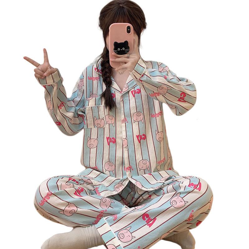 Cartoon Pig Letter Striped Print Pajamas Set Women Lapel Design Korean Cute New 2 Piece Set Pajamas Women Winter Homewear