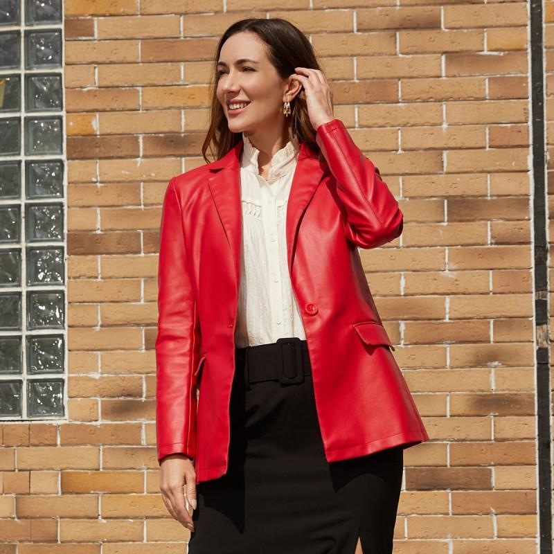 Womens PU Leather Blazer Jacket Long Sleeve Single Button Casual Office Wear Solid Color