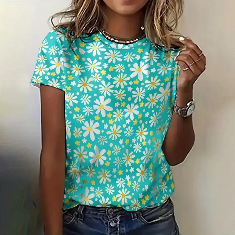 Girl Flower Pattern for Women Exquisite Ethnic 3D Printed Short Sleeves  Summer Casual Loose O-Neck Tops