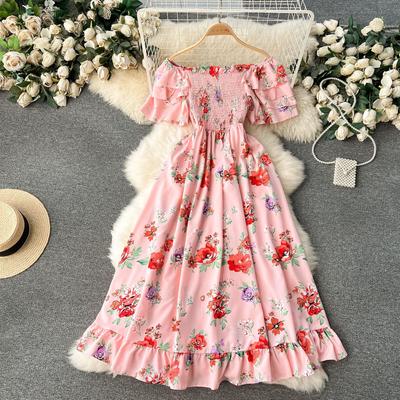 Women's Summer Vacation One Neck Strapless Short Sleeve Waist Long Floral Dresses