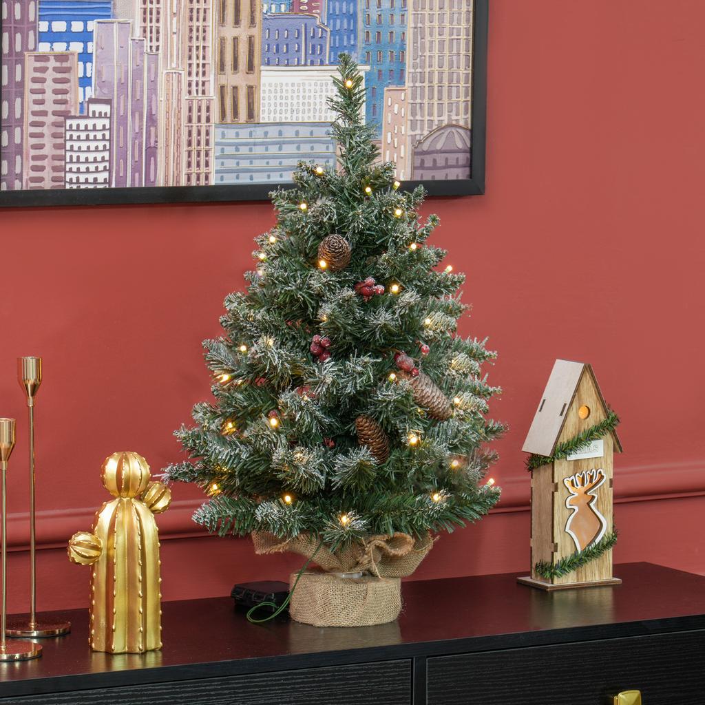 Christmas Tree with LED Lighting, 60 Cm, Pine Cones and Red Berries, Incl. Stand, Green/White
