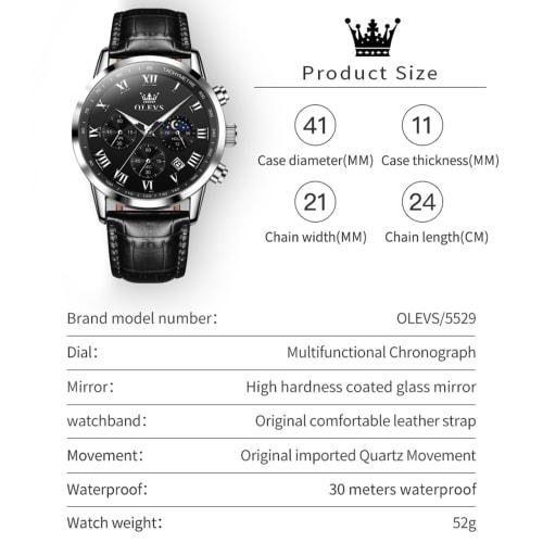 OLEVS Men's Watch, Black, Stylish, Waterproof, Luminous Watch, Cool, Black Leather Strap, Analog Quartz, Business Arm Watch for Men, Popular Fashion,