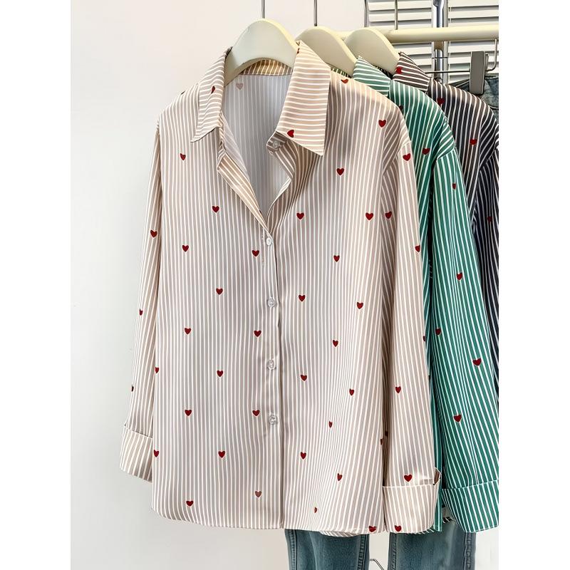 Women s Long-Sleeve Striped Heart Print Casual Shirt Large
