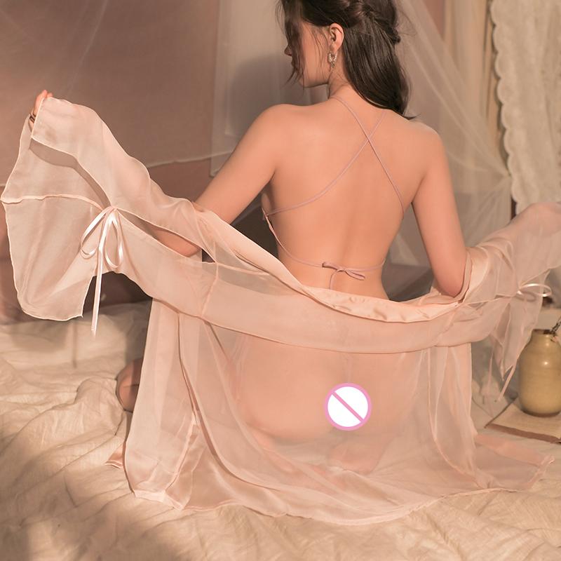 3dílná sada Sexy spodní prádlo Břišní kalhotky Župan Sladké pokušení Pyžamo Guaze Vyšívaný erotický kostým Cosplay