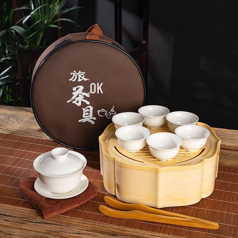 Portable Ceramic Kung Fu Tea Set with Tray, Cups, Teapot, and Lid Bowl