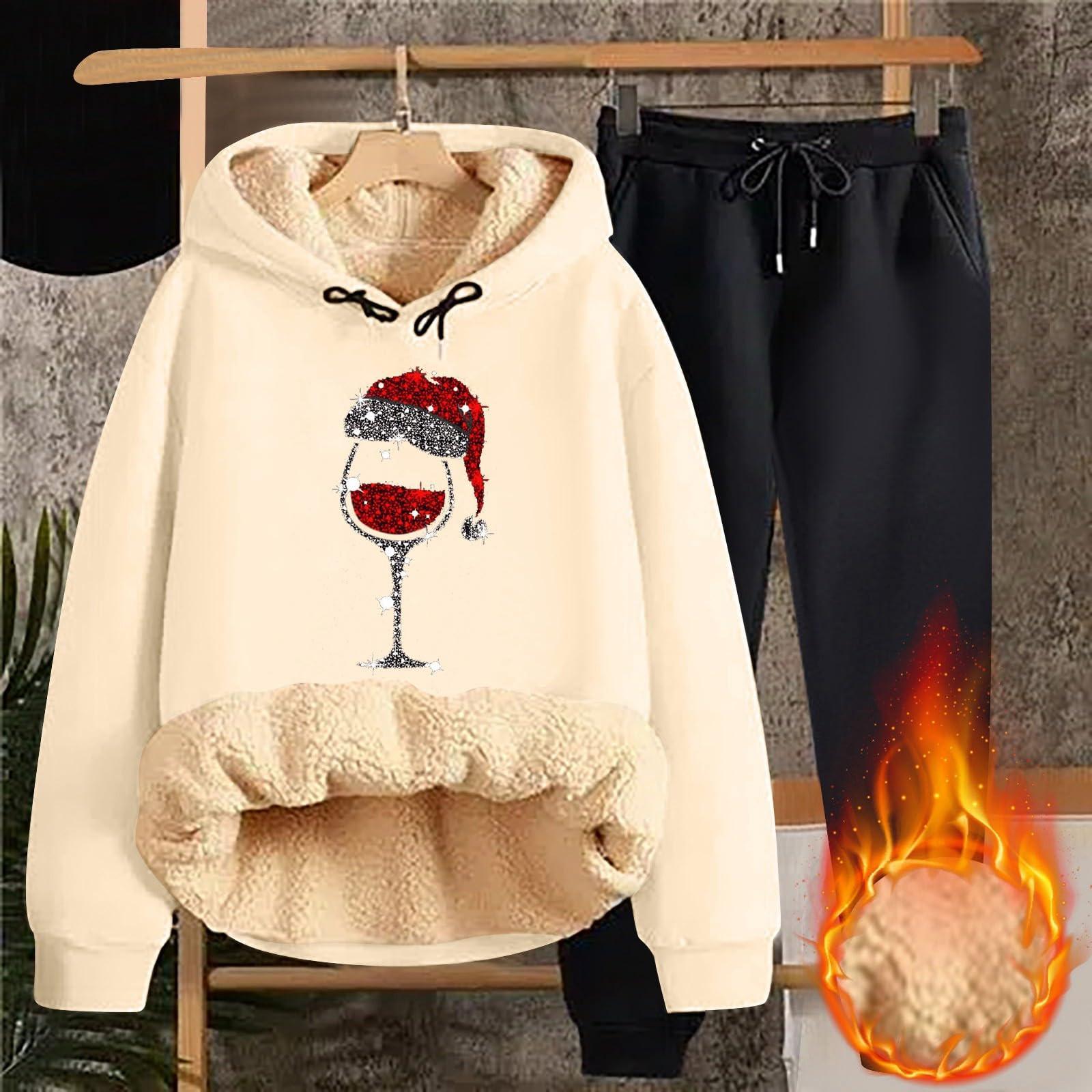 

Женская мода рождественский принт утепленная толстовка с капюшоном повседневный комплект из двух предметов XXXXXL бежевый