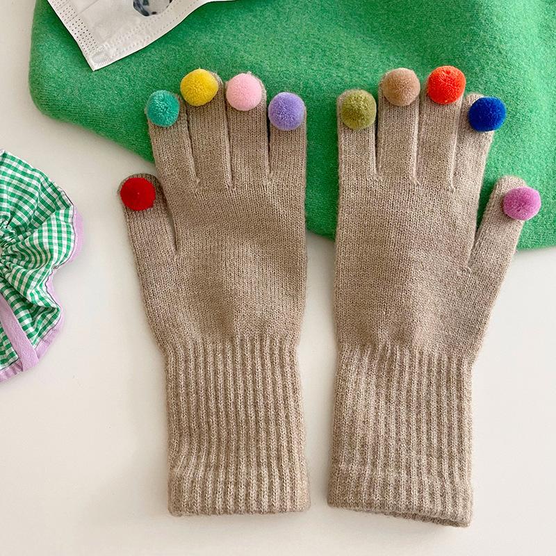 

Теплый пушистый шарик, перчатки с пятью пальцами, вязаные защитные перчатки для сенсорного экрана, женские