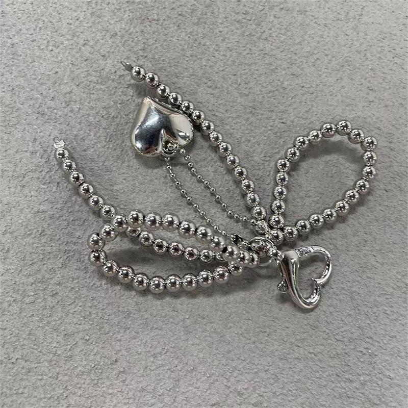 Temperamentní Sladký Mašličkový Přívěsek Srdce Klíčenka Korálkový Přívěsek na Telefon Mašle Šňůrka na Telefon Ozdoba na Tašku Doplňky Dárky