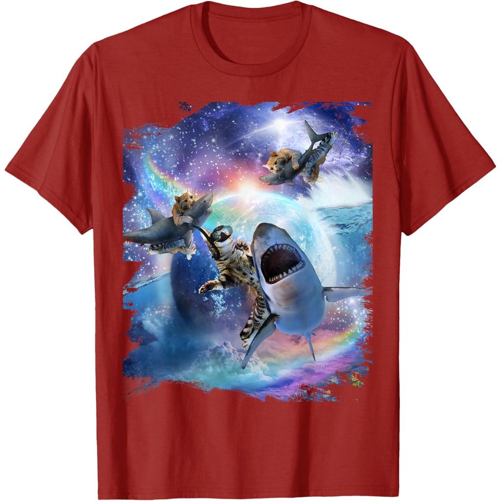 Galaxy Cat Riding Shark Space Graphic Print Mens Casual Cotton Tshirt