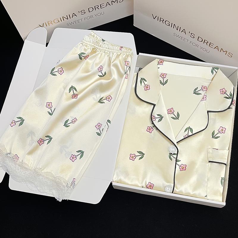 Fresh Cute Cartoon Bear Print Women's Short Pajamas Summer Female Homewear Simulated Silk Two-piece Lounges