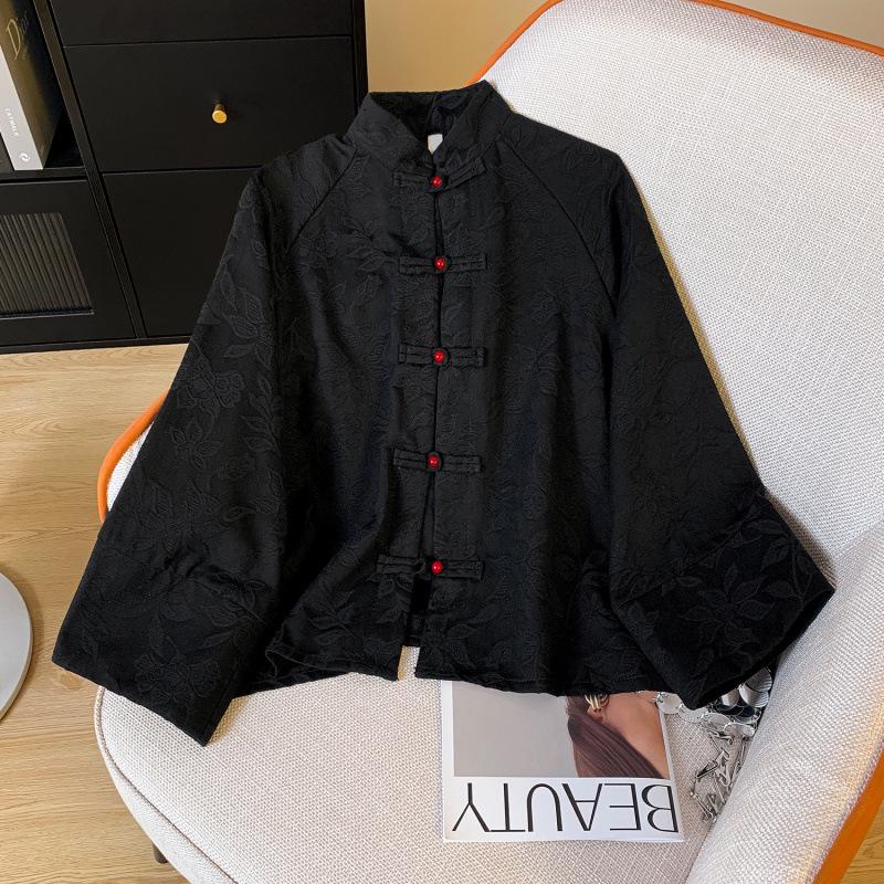Women s Retro Jacquard Stand Collar Jacket – New Chinese Style, Short & Loose for Spring 2026 L