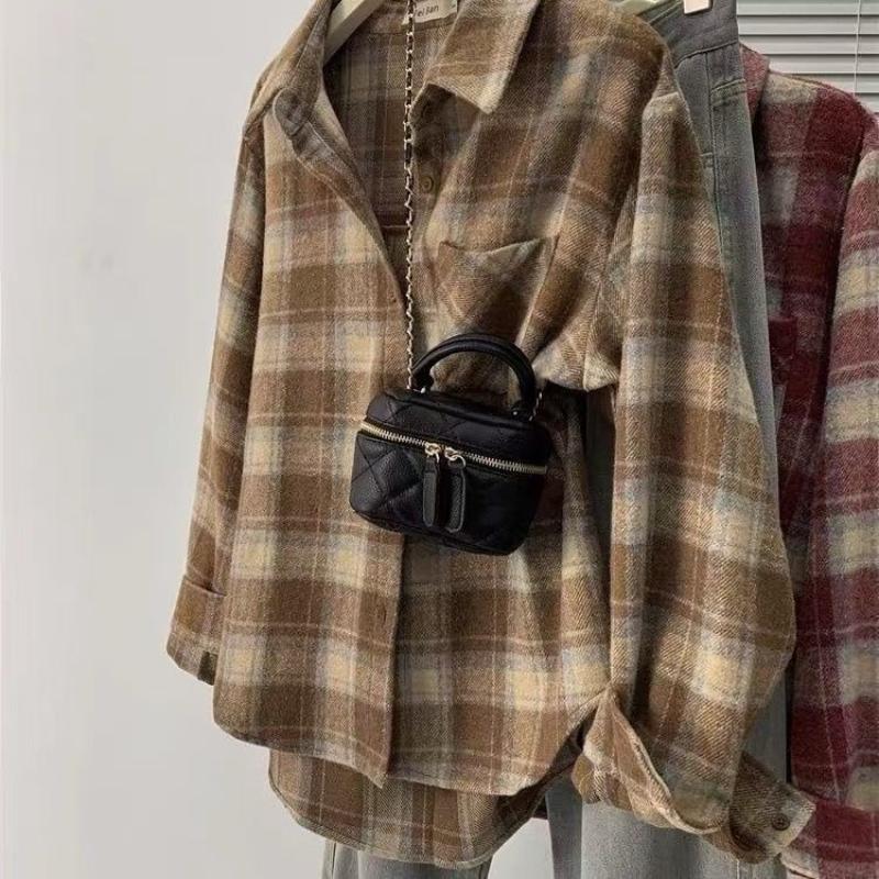 

Pocket Decorative Women Plaid Shirt Commuter Versatile Lapel Long Sleeve Blouse Autumn Woman Single Breasted Trendy Cardigan XXL