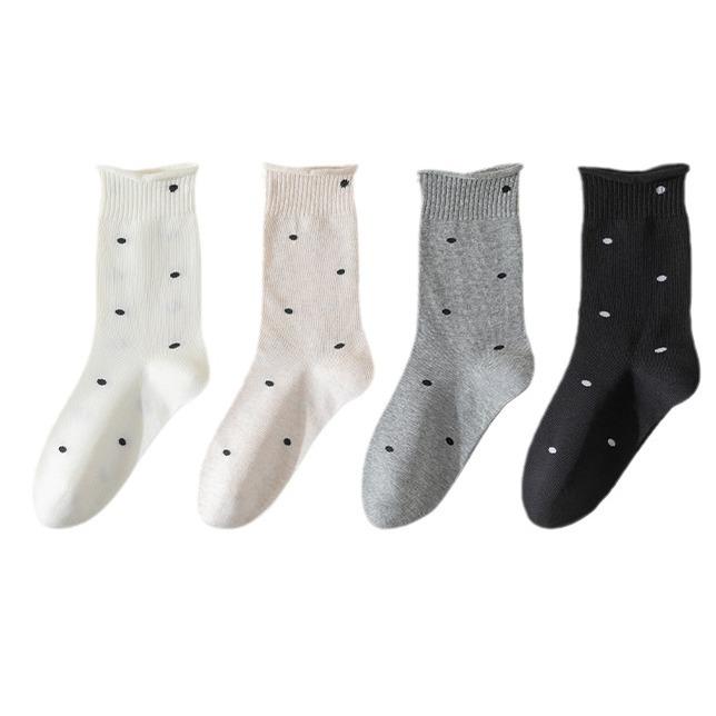 Gray Women's Mid-Calf Socks - Autumn/Winter Pure Cotton with Japanese Ruffle Edge & Polka Dots