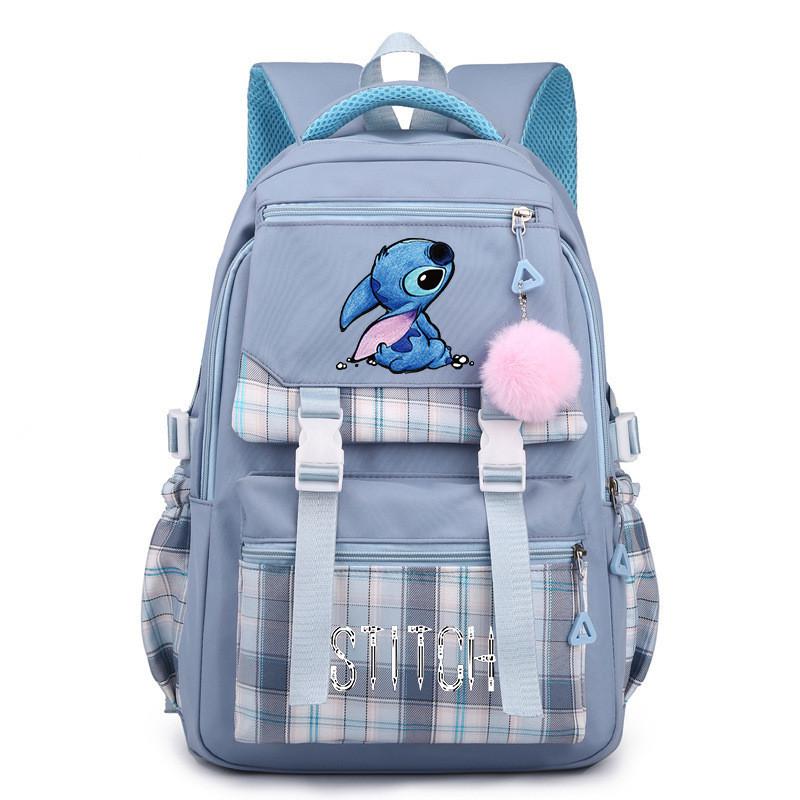 Cute Girl Backpack For School With Stitch Print And Checkered Patchwork Design For Middle School Students