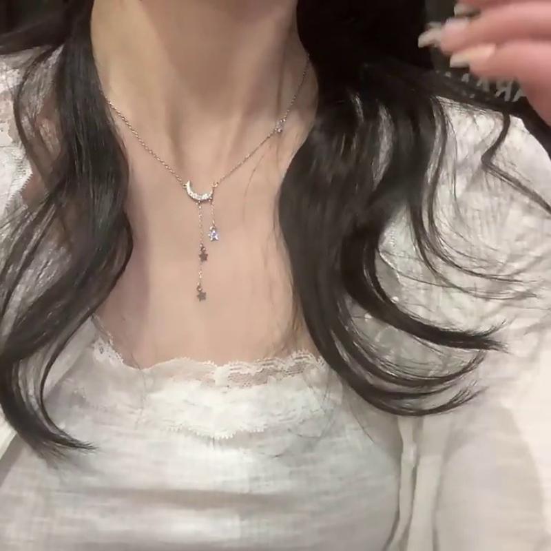 Fashion Women Necklace Star Moon Tassel Pendant Rhinestones Clavicle Chain Choker Collares Wedding Jewelry Accessories Gifts