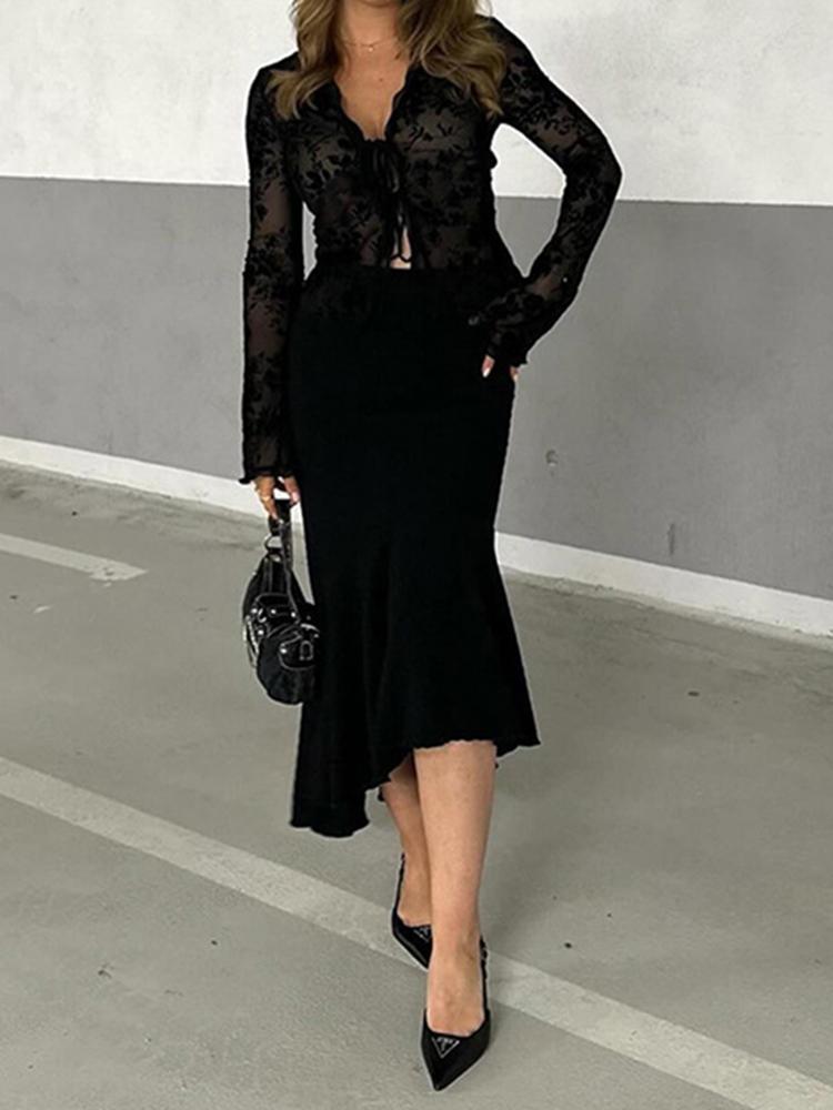 Herbst Neue Modische Chiffon Schlank Geschnittene Rüschen Trompetenärmel Bluse für Damen