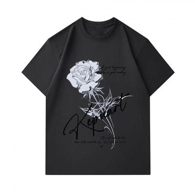 Men's 100% Cotton Crew Neck Short Sleeve T-Shirt, Elegant Rose Inspirational Slogan Print Casual Comfortable Daily Pullover Tee for Daily Wear