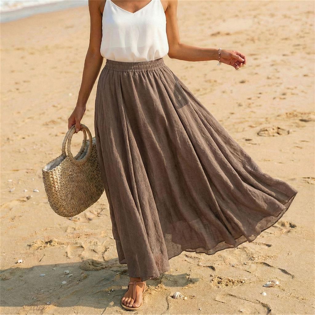 Women Casual Holiday Solid Cotton Linen Long Skirt A Line Beach Midi Skirt Elastic Waist Lightweight Flowing Design