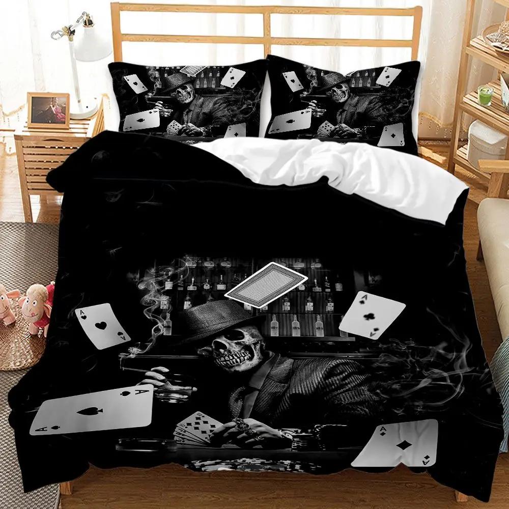 Dödskalle Påslakanset Rosigt Blommigt Dubbelt Sängklädesset Tryckt Alla Hjärtans Dag Halloween Dödskalle Gotiskt Skelett Polyester Quiltöverdrag