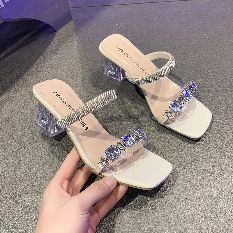 Fashion Transparent heel sandals Summer new square head open toe crystal line with anti-slip wear-resistant high-heeled slippers